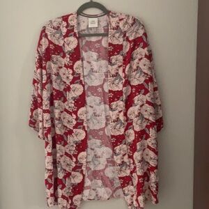 Knox Rose kimono with red and white floral design. Kimono is marked as a M/L.